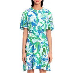 NWT Donna Morgan Jewel Neck Flare Sleeve Printed Dress, Sz 14